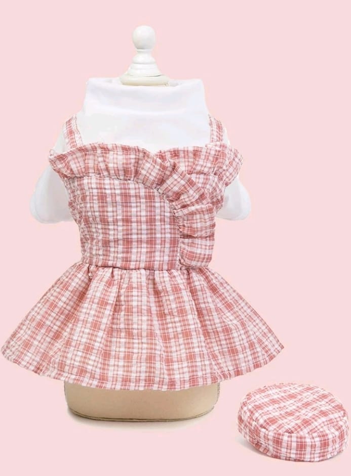 Vestido para Mascotas Estampado Cuadros con Sombrero