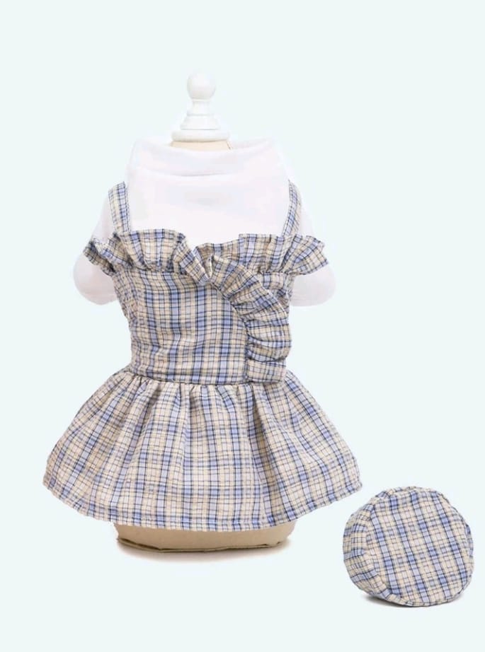 Vestido para Mascotas Estampado Cuadros con Sombrero