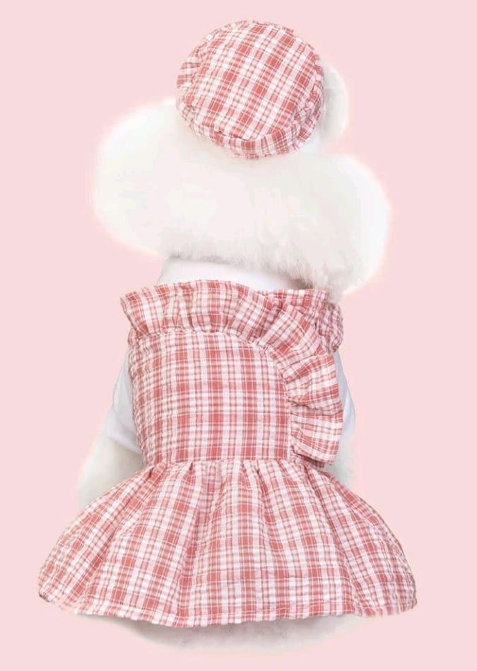 Vestido para Mascotas Estampado Cuadros con Sombrero